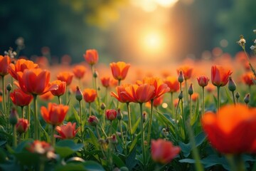 Fototapeta premium Vibrant flowers surround a fiery blaze in a lush green field, sunset scenery, scenic view, flaming flowers