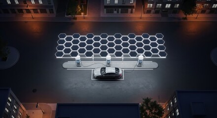 Photo of an electric car charging at a futuristic hexagonal solar panel charging station at night in a city street, illuminated by glowing lights