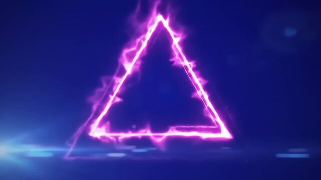 Pink fire triangle frame, dark blue background, lens flare, digital art
