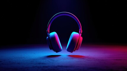 Floating Headphones Glowing in Neon Blue and Pink Lights