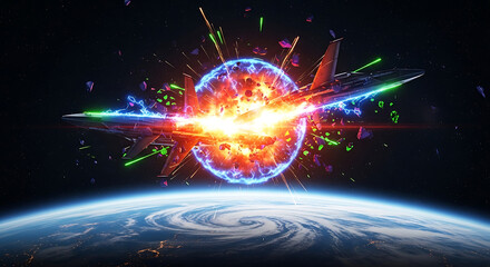 Space Battle Spacecraft Explosion Over Earth