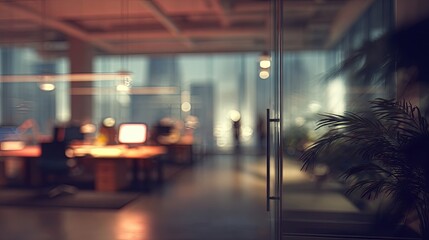 Blurred Modern Office Interior At Night