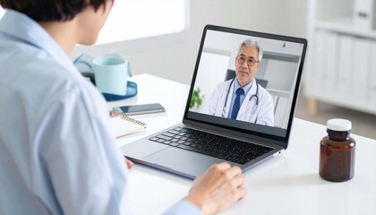 Obraz premium Online doctor consultation at home with a laptop and healthcare professional on screen