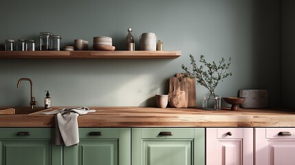 Stylish kitchen interior featuring wooden countertop, green and pink cabinets, with shelves displaying jars and pottery for decor.