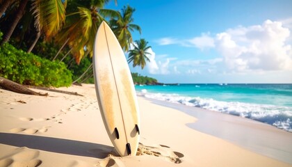 Surfboard resting on sandy beach with clear blue water and palm trees under a sunny sky