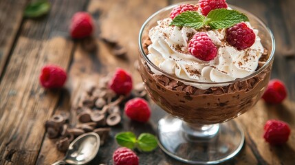 A delicious chocolate mousse with whipped cream and raspberries in a glass bowl on a rustic wooden table.