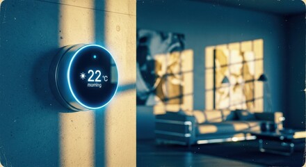 Photo of smart thermostat glowing with blue light on a textured wall, with a living room and sofa visible in the background through a window, illuminated by warm sunlight