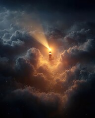 Lighthouse In Clouds At Night