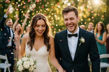 Joyful Wedding Celebration: Bride and Groom Bask in Shower of Confetti