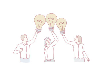 Team and great business idea concept. Group of Young smiling businessmen partners coworkers cartoon characters standing holding light bulbs above vector illustration