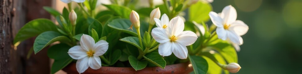 Fototapeta premium Delicate white blossoms overflowing a rustic terracotta pot , blooms, still life, botany