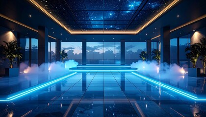 Modern Futuristic Interior with Blue Lighting and Starry Ceiling