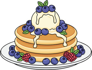 Blueberry Pancakes with Ice Cream Vector – Cartoon Dessert Plate with Berries, Mint, and Sweet Breakfast Topping