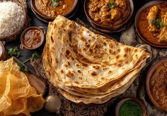 Stacked Roti, Indian dishes, various curries