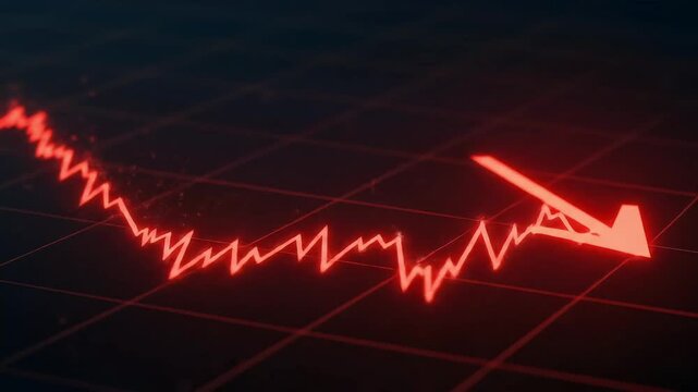 Financial Market Data Analysis Showing Declining Trends and Statistics on a Digital Screen with Red Chart Lines Indicating Downward Movement in Economy