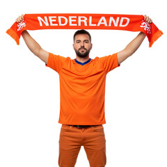 Man in orange holds Nederland scarf above head on white or transparent background