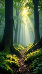Fototapeta premium Sunbeams dapple mossy forest floor, ancient trees loom , golden hour, background, canopy