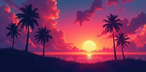 Vibrant sunset hues paint sky above silhouetted palm trees , red, pink, sunset