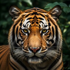 Obraz premium Close-up portrait of a majestic Bengal tiger staring intently with fierce yellow eyes, showcasing the raw power of the wild