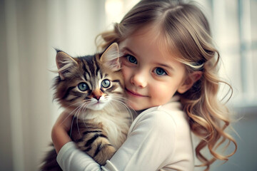 A cute little girl holds her pet in her arms.