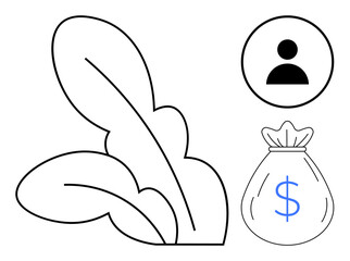 Obraz premium Plant leaves representing nature, user profile denoting individual responsibility, and money bag indicating economic value. Ideal for nature, agriculture, sustainability, eco-finance, investment