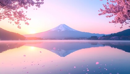 Obraz premium 朝日が昇る富士山と花びらが舞う満開の桜と湖のCGイラスト