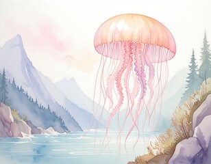 Pastel jellyfish over mountains