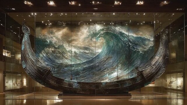 Epic maritime museum display of a viking ship facing a stormy sea artwork