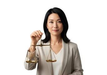 Asian Businesswoman Holding Golden Scales of Justice Concept Law Fairness Balance Decision Making Litigation Attorney Counselor Corporate Governance