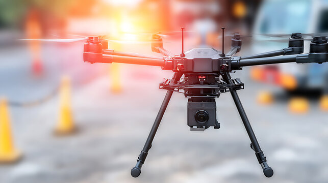 Aerial drone with camera hovering above a construction site marked by traffic cones and barriers