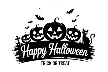 Happy halloween pumpkins, bats, and black cat isolated on transparent background