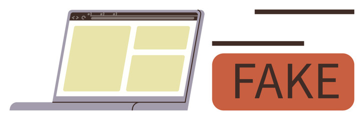 Open laptop with web browser, red fake label indicating misinformation. Ideal for media awareness, social media caution, online literacy, fact-checking, digital ethics, cyber safety, simple flat