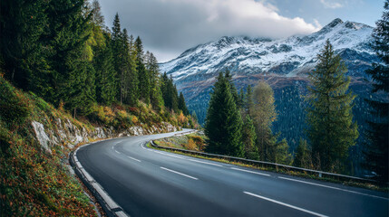 Fototapeta premium Winding road through lush green hills and majestic mountains during a calm daytime scene