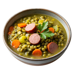 Bowl of split pea soup with sausage carrots celery and parsley on white or transparent background