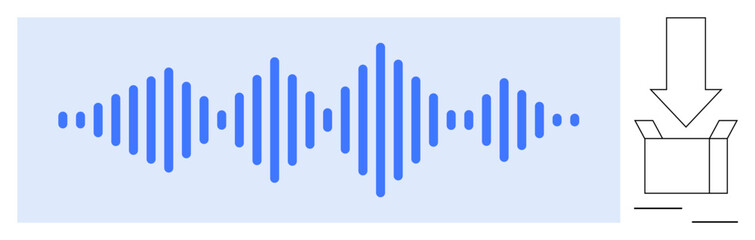 Obraz premium Blue soundwave graphic with adjacent downward arrow pointing to an open box. Ideal for audio, technology, data transfer, sound processing, music streaming, file sharing, digital storage. A clean