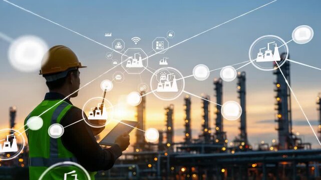 Engineer using walkie talkie and tablet at oil refinery with digital interface overlay at sunset view