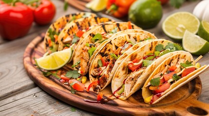 A Close-Up Shot Captures Mexican Chicken Tacos Arranged on a Wooden Oval Plate, Accompanied by Fresh Lime Wedges&mdash;Highlighting Taco Fillings, Texture, and Vibrant Flavors of Authentic Mexican Cuisine