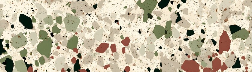 Terrazzo background with flat surface and seamless texture, in white and beige colors with small brown, green, and black stones.