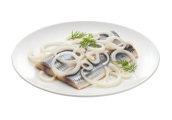 Herring fillets on a white plate with onion rings and dill presented on white or transparent background