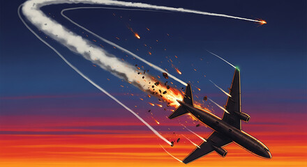 Aviation Disaster Plane Crashing in a Fiery Descent Against Sunset Sky