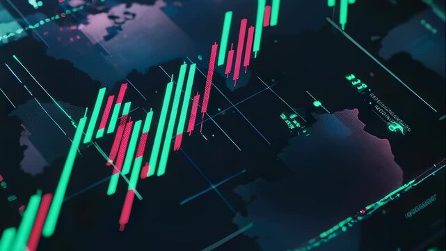 Global stock market trend analysis showing fluctuating candlestick chart data with world map overlay for financial investment tracking footage.