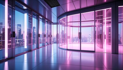 Modern Interior with Glass Walls and City Skyline at Dusk