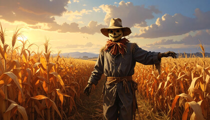 Spooky Scarecrow in Autumn Cornfield.