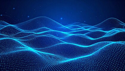 Abstract digital landscape.  Wavy lines of connected dots.  Dark blue background
