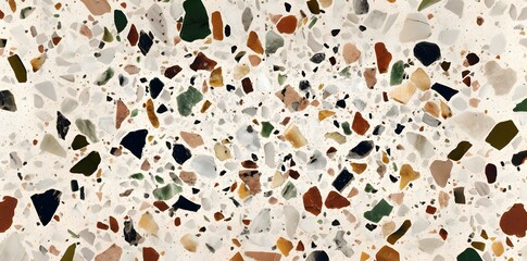 Terrazzo background with flat surface and seamless texture, in white and beige colors with small brown, green, and black stones.