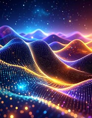 Abstract digital landscape of swirling, glowing, interconnected particles.  A vibrant display of colors and textures