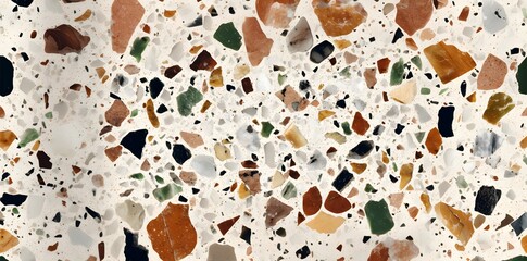 Terrazzo background with flat surface and seamless texture, in white and beige colors with small brown, green, and black stones.