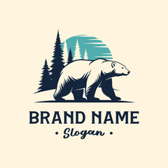 A detailed illustration of a polar bear walking in a forest with a sun in the background.