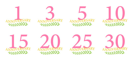 ピンクの周年記念デザインセット（1周年, 3周年, 5周年, 10周年, 15周年, 20周年, 25周年, 30周年）