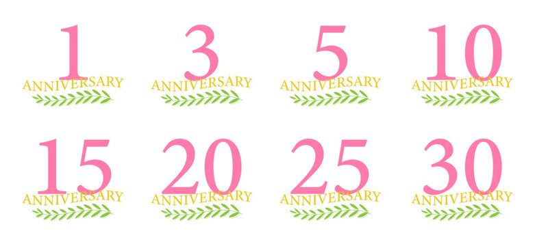 ピンクの周年記念デザインセット（1周年, 3周年, 5周年, 10周年, 15周年, 20周年, 25周年, 30周年）